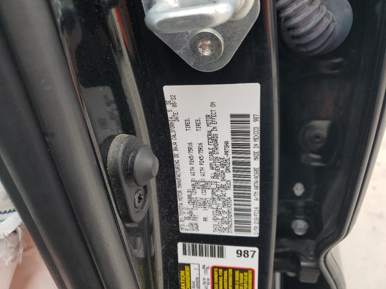 2022 TOYOTA TACOMA DOUBLE CAB VIN:3TMAZ5CN2NM193934