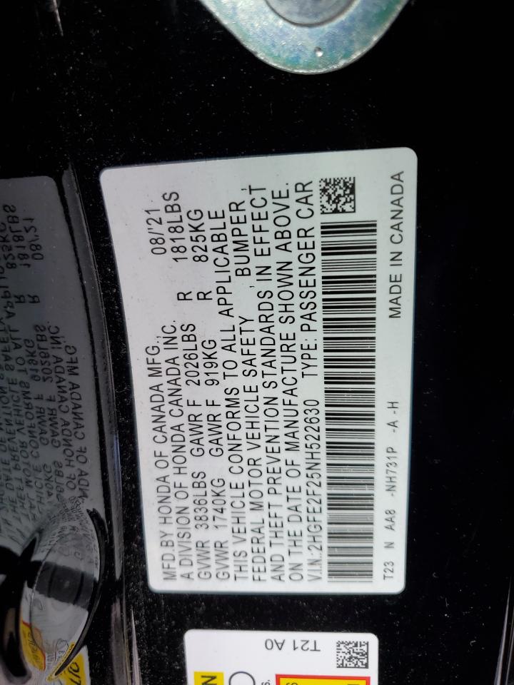 2022 HONDA CIVIC LX VIN:2HGFE2F25NH522630