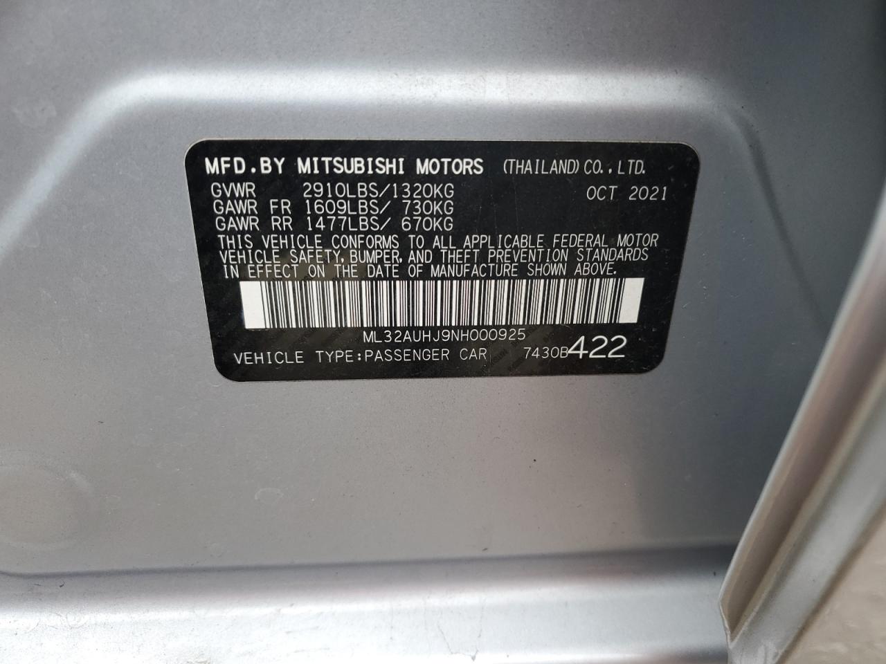 2022 MITSUBISHI MIRAGE ES VIN:ML32AUHJ9NH000925
