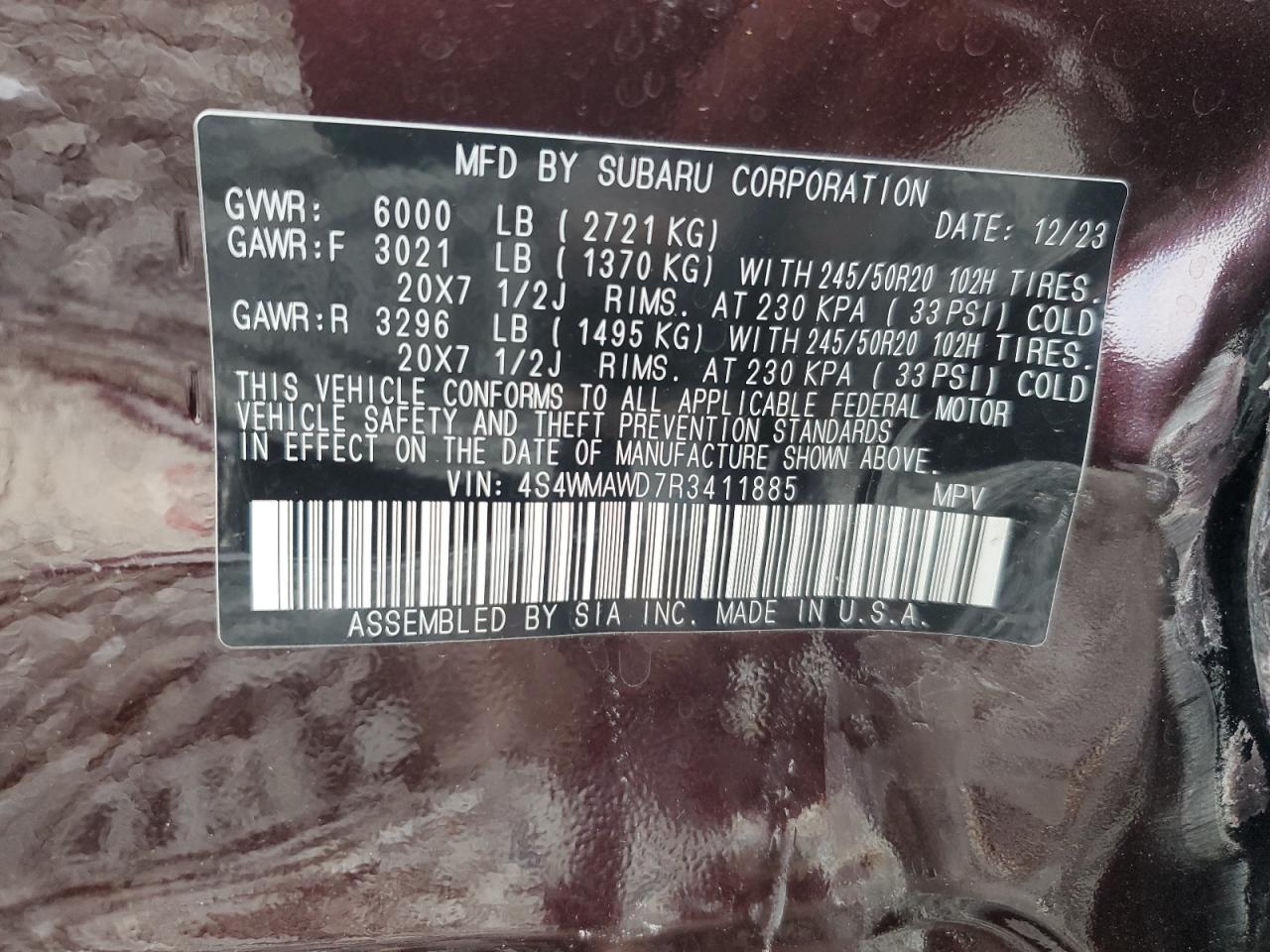 2024 SUBARU ASCENT TOURING VIN:4S4WMAWD7R3411885