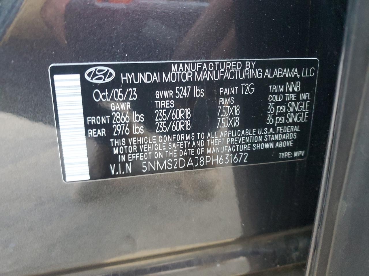 2023 HYUNDAI SANTA FE SEL VIN:5NMS2DAJ8PH631672