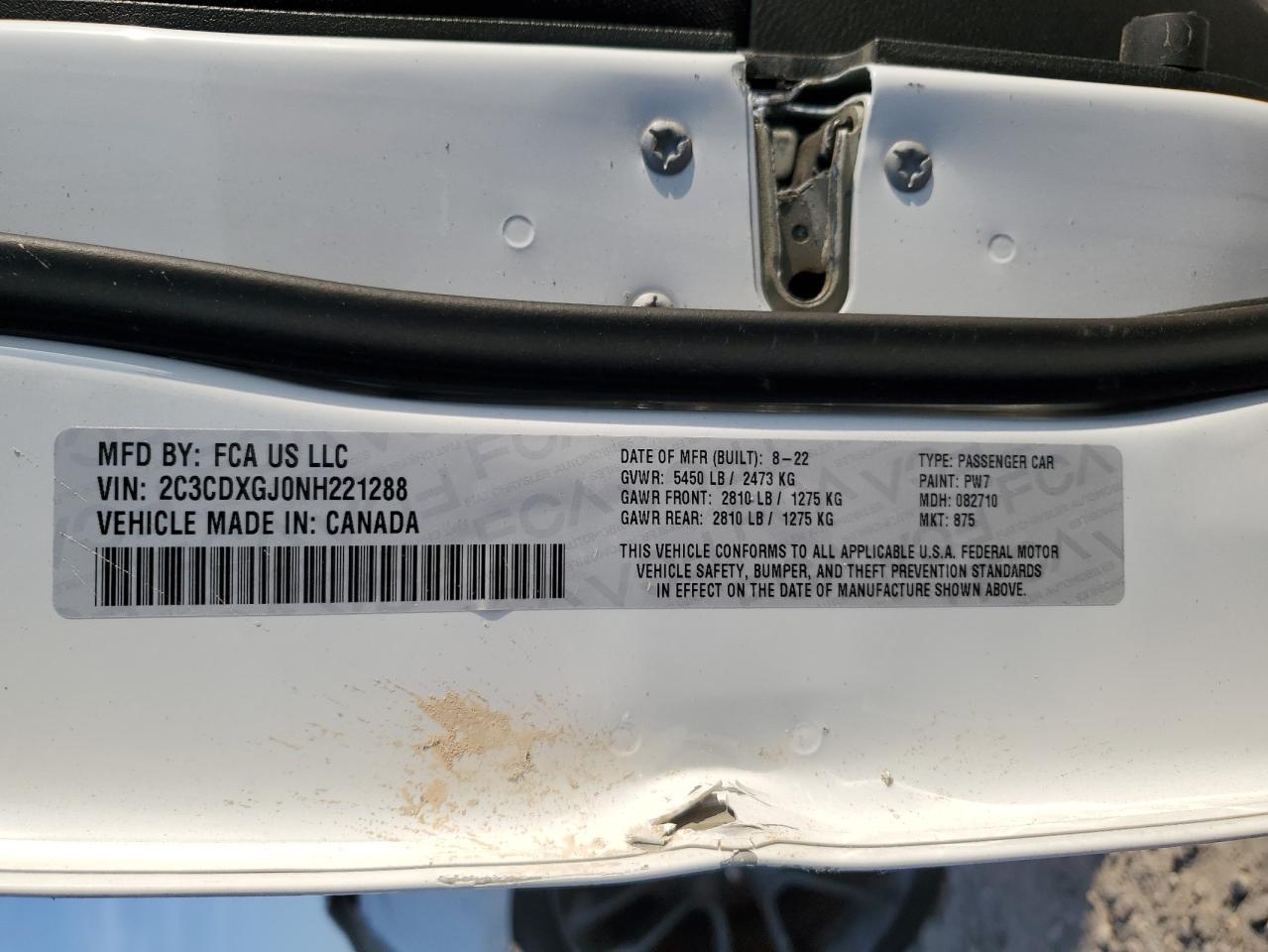 2022 DODGE CHARGER SCAT PACK VIN:2C3CDXGJ0NH221288