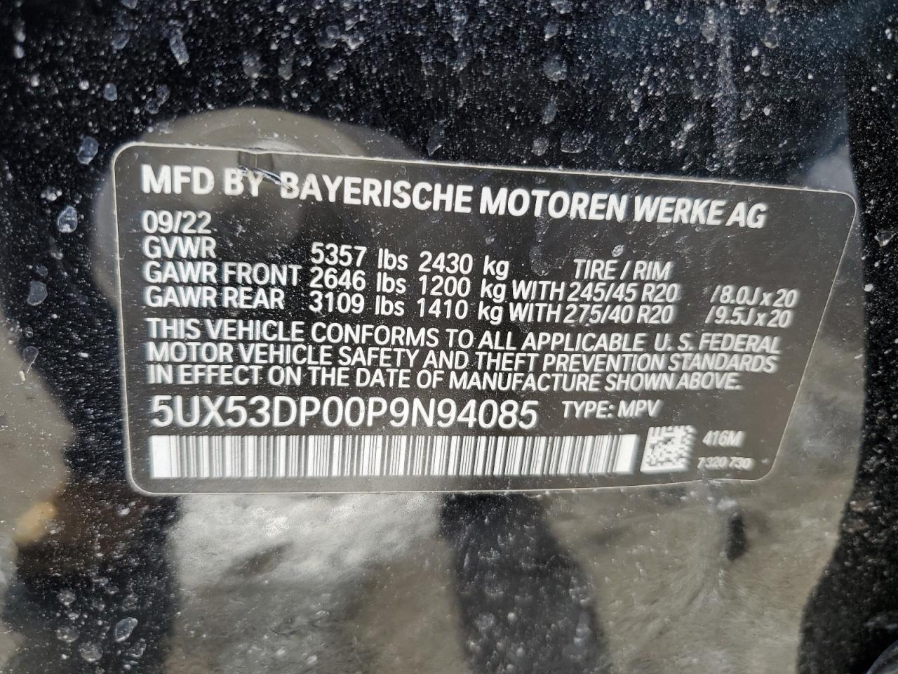 2023 BMW X3 XDRIVE30I VIN:5UX53DP00P9N94085