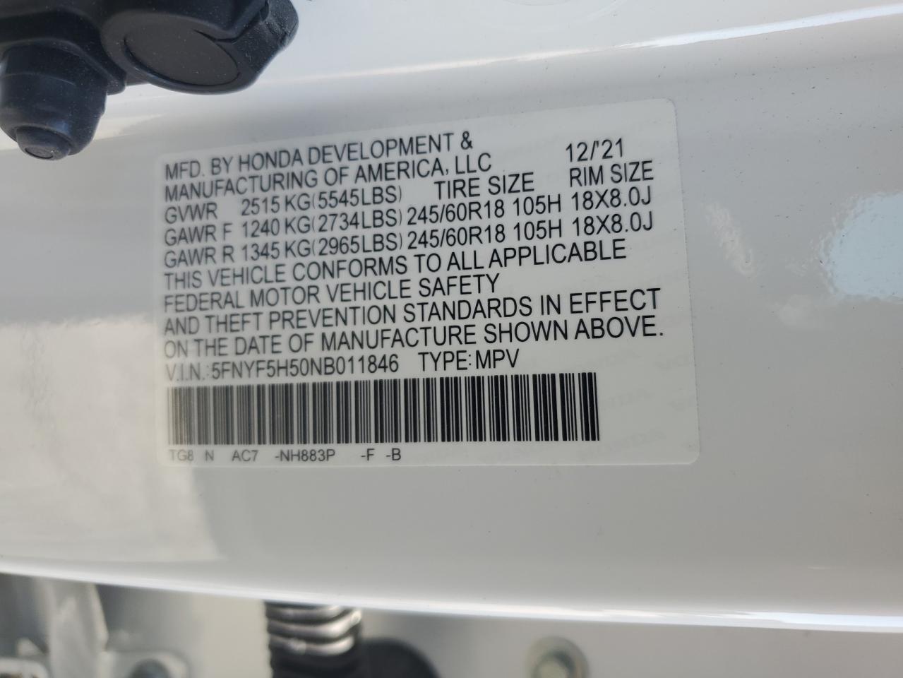 2022 HONDA PILOT EXL VIN:5FNYF5H50NB011846