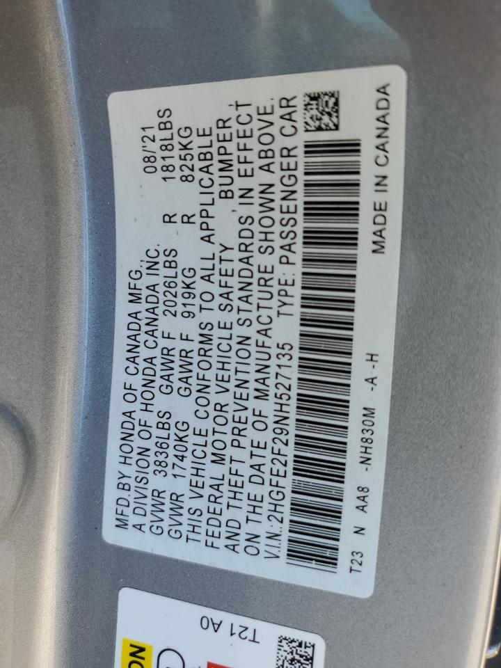 2022 HONDA CIVIC LX VIN:2HGFE2F29NH527135