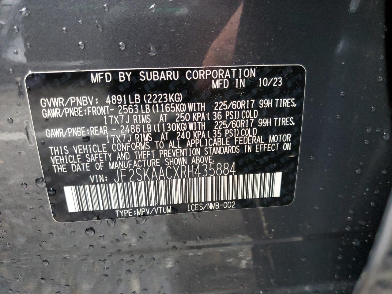 2024 SUBARU FORESTER  VIN:JF2SKAACXRH435884