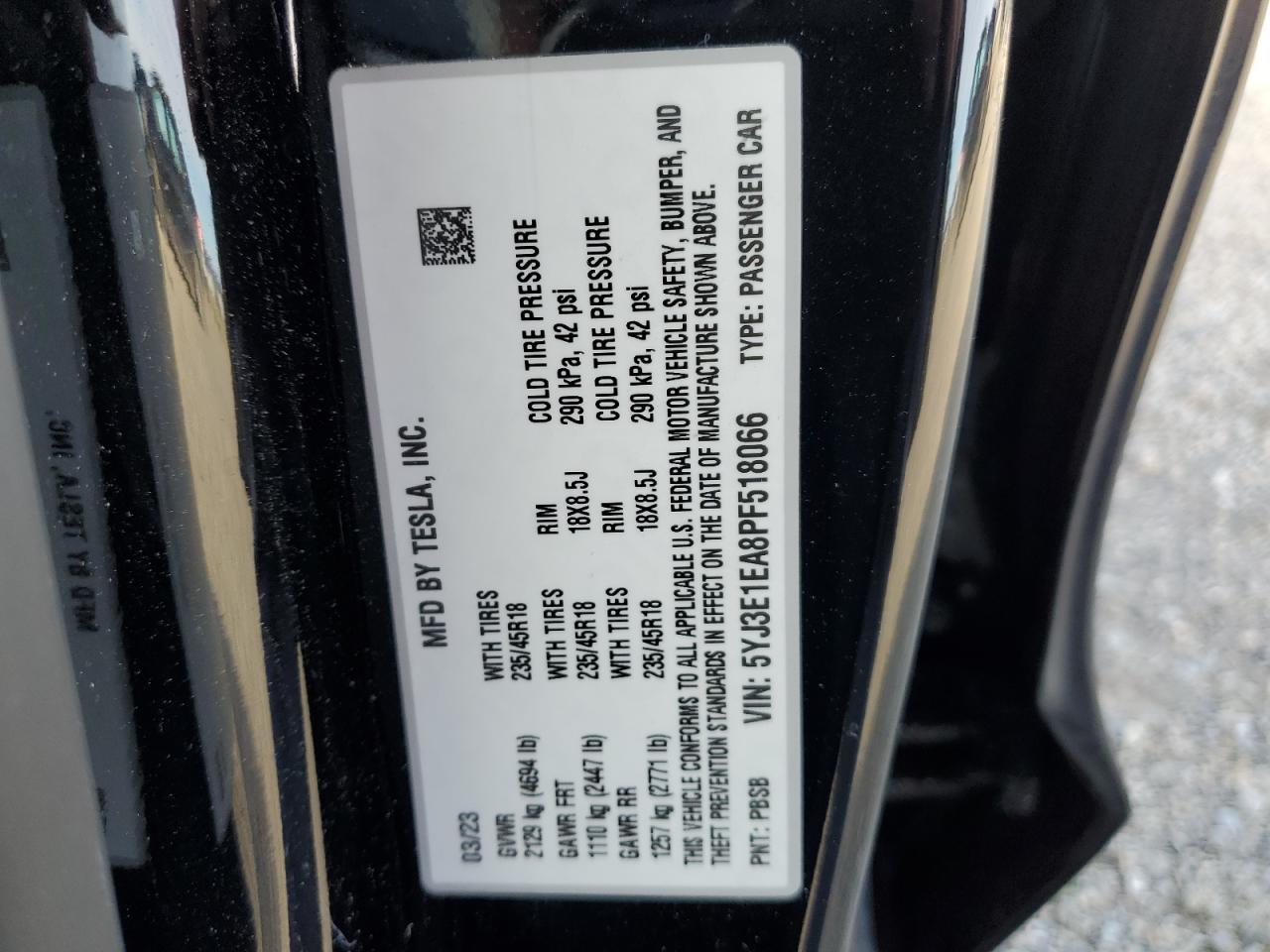 2023 TESLA MODEL 3  VIN:5YJ3E1EA8PF518066