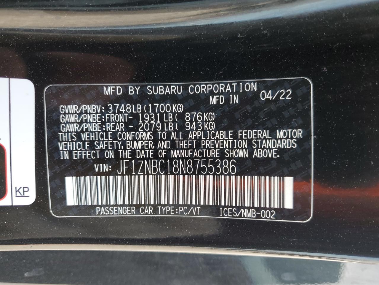 2022 TOYOTA GR 86  VIN:JF1ZNBC18N8755386