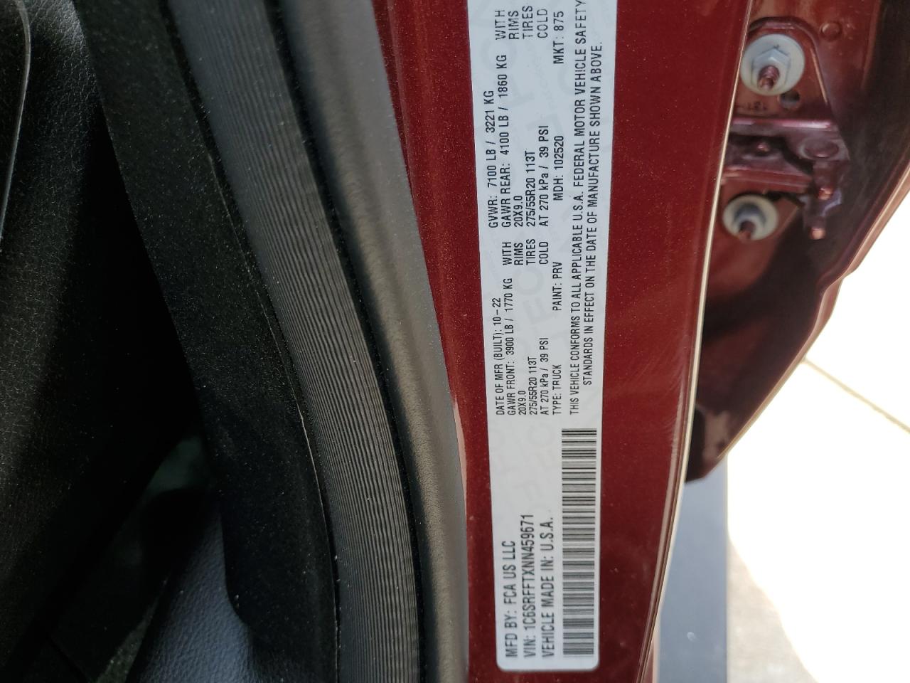 2022 RAM 1500 BIG HORN/LONE STAR VIN:1C6SRFFTXNN459671