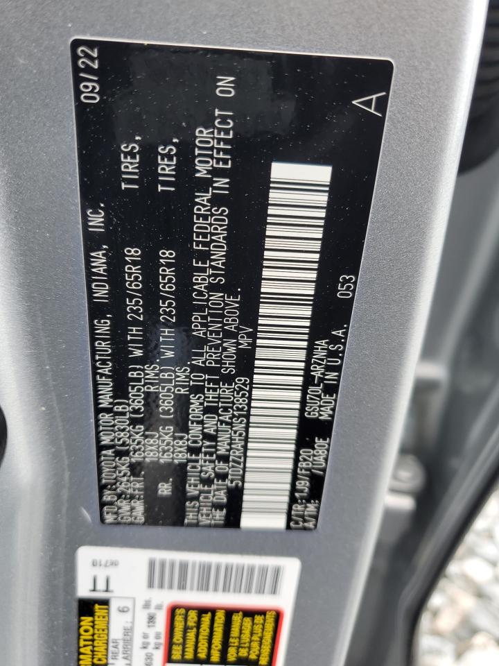 2022 TOYOTA HIGHLANDER L VIN:5TDZZRAH5NS138529