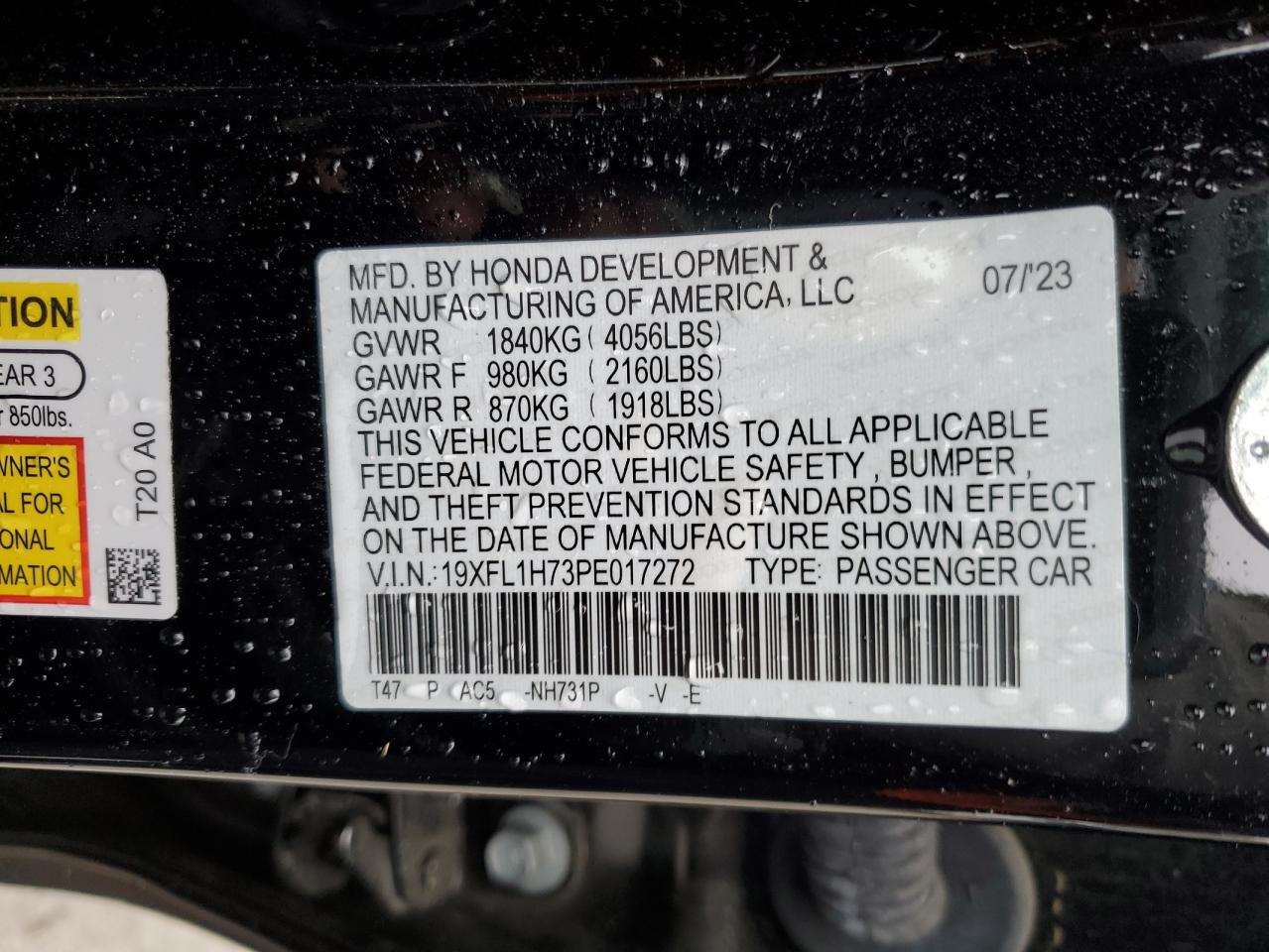 2023 HONDA CIVIC EXL VIN:19XFL1H73PE017272