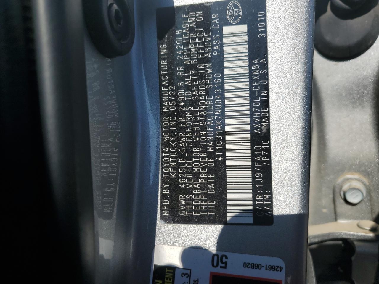 2022 TOYOTA CAMRY LE VIN:4T1C31AK7NU043160