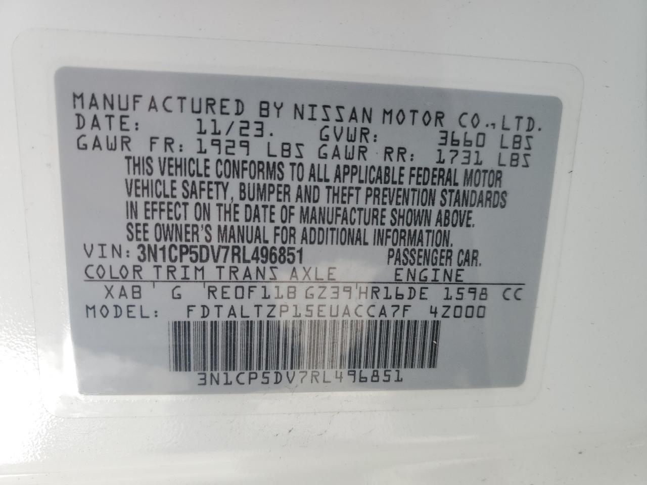 2024 NISSAN KICKS SR VIN:3N1CP5DV7RL496851