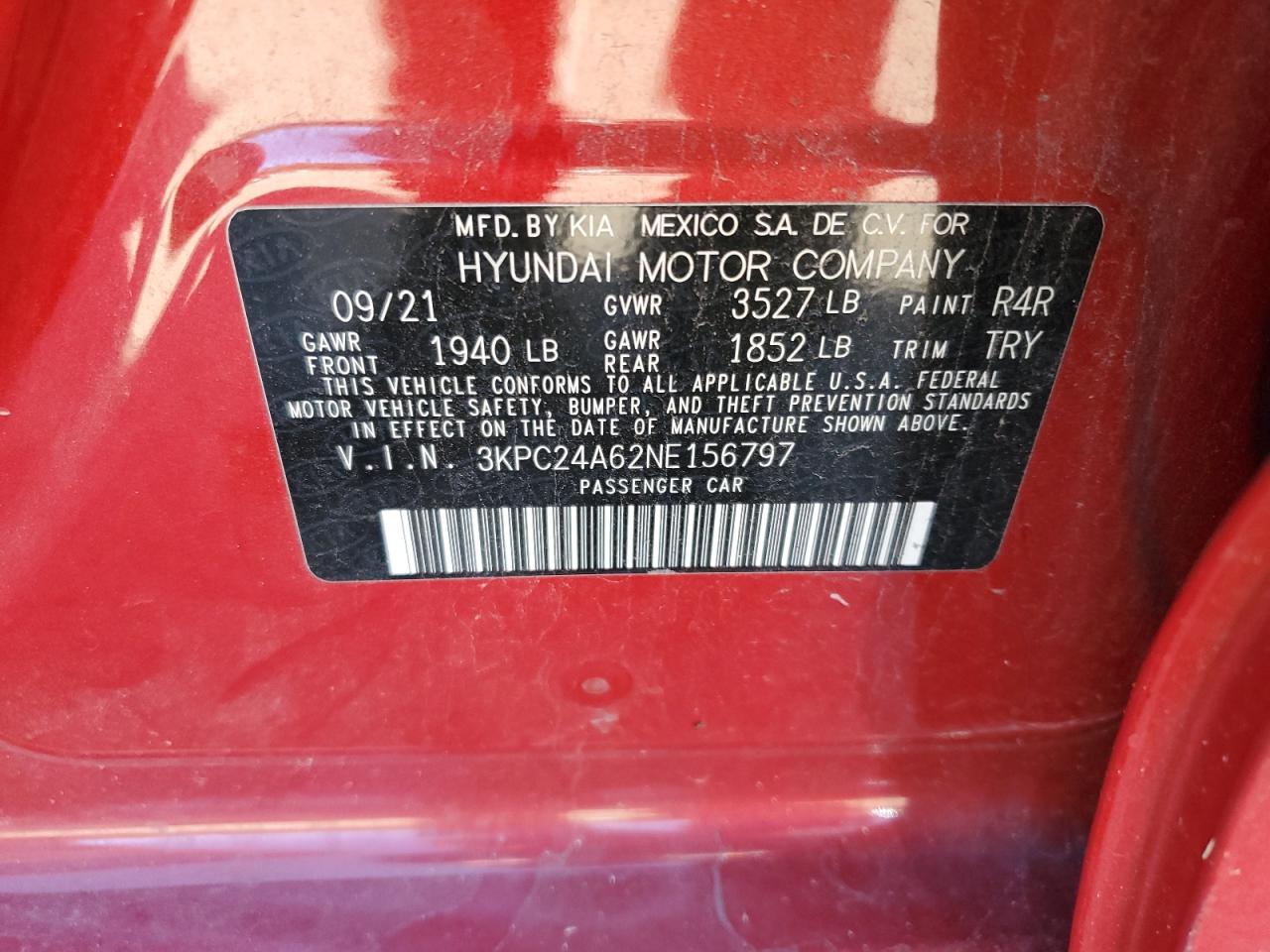 2022 HYUNDAI ACCENT SE VIN:3KPC24A62NE156797