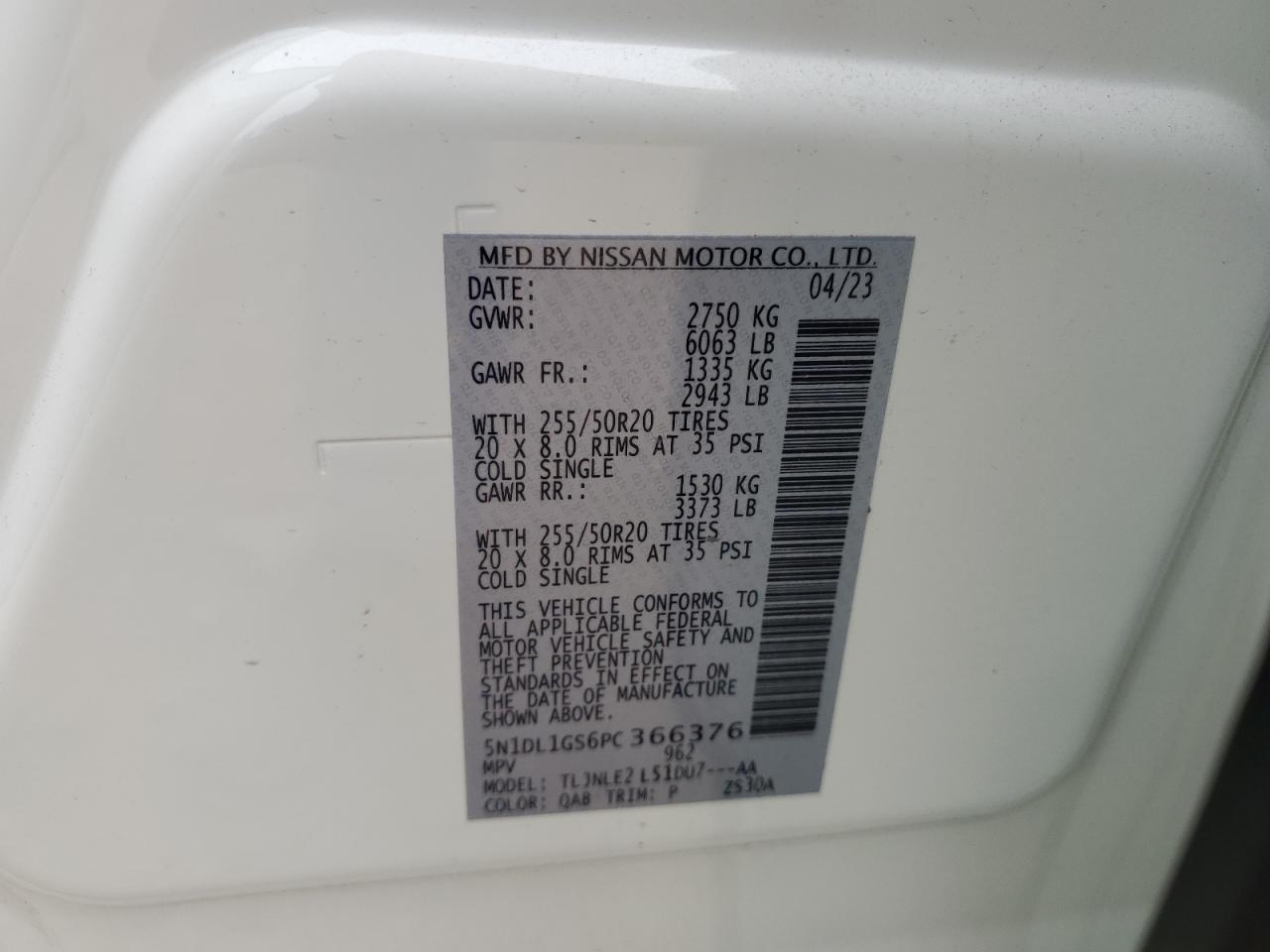 2023 INFINITI QX60 SENSORY VIN:5N1DL1GS6PC366376