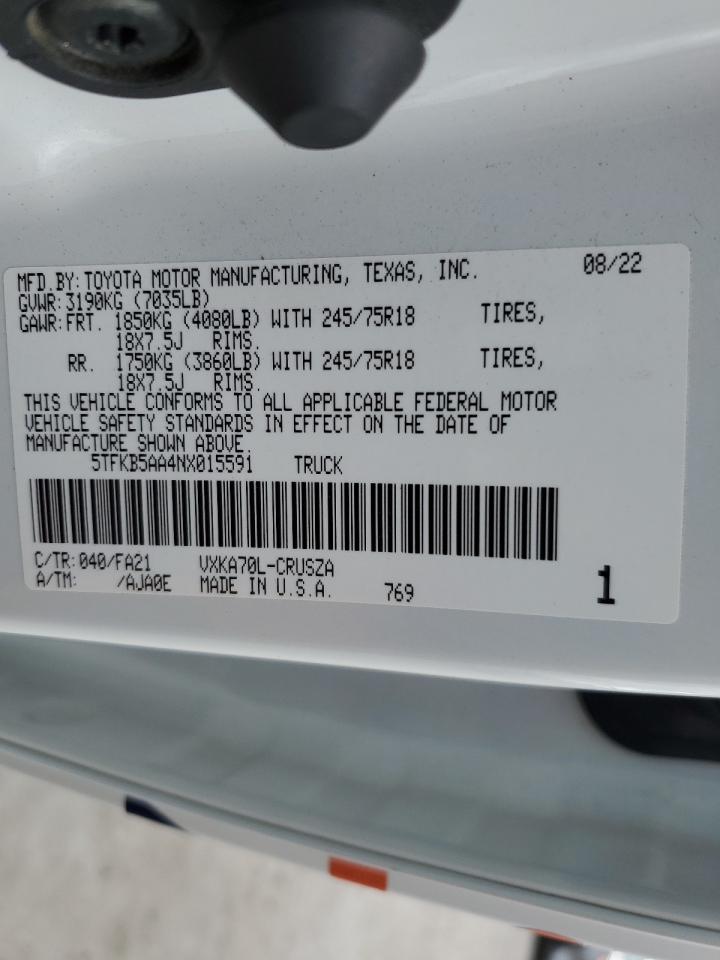 2022 TOYOTA TUNDRA DOUBLE CAB SR VIN:5TFKB5AA4NX015591