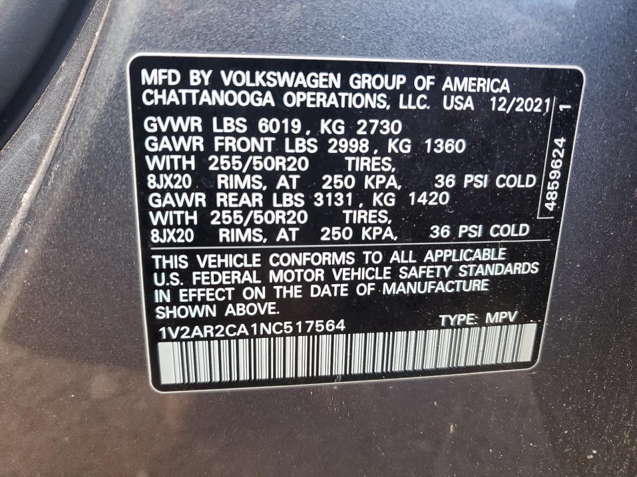 2022 VOLKSWAGEN ATLAS SEL R-LINE VIN:1V2AR2CA1NC517564
