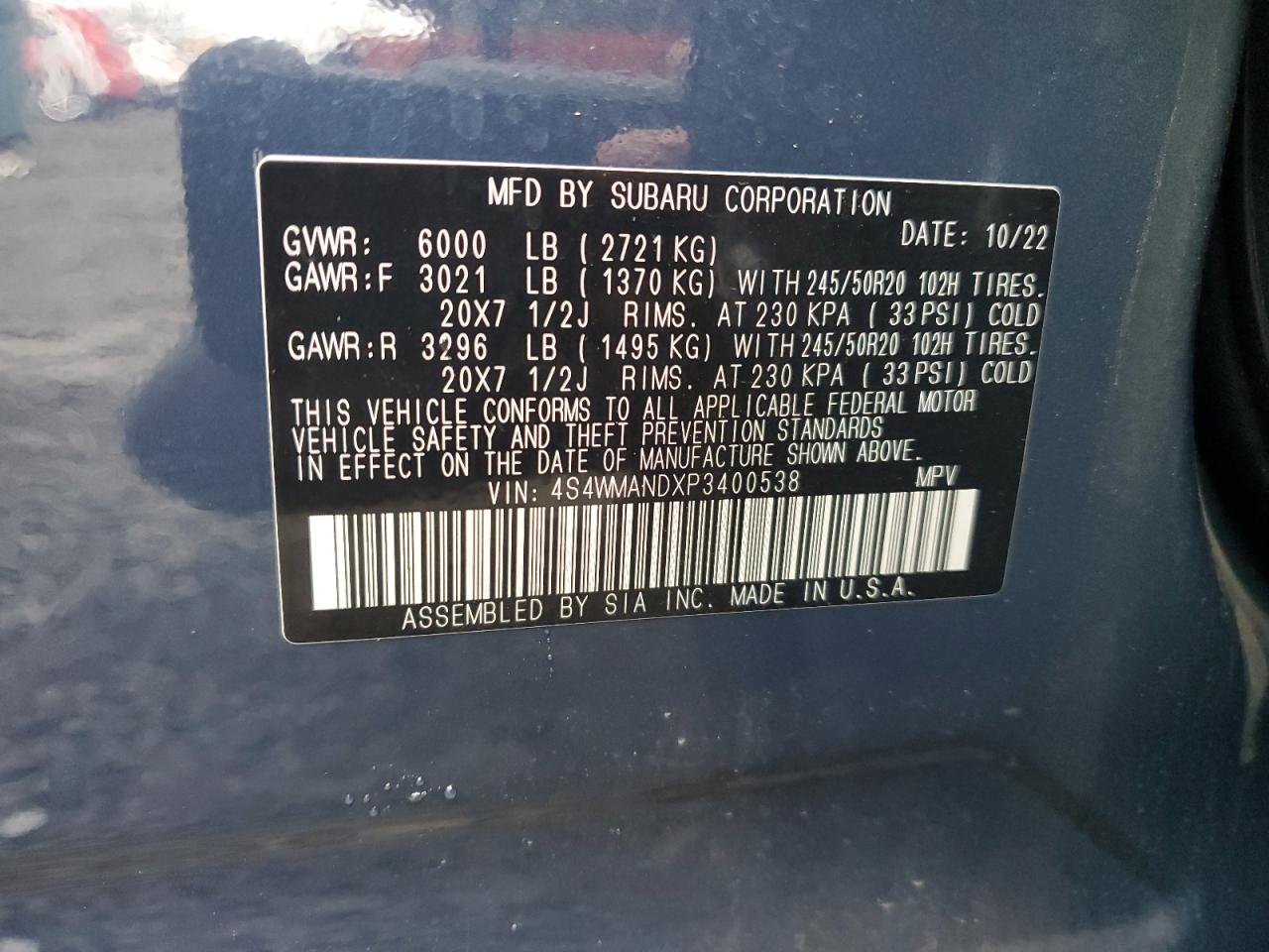 2023 SUBARU ASCENT LIMITED VIN:4S4WMANDXP3400538