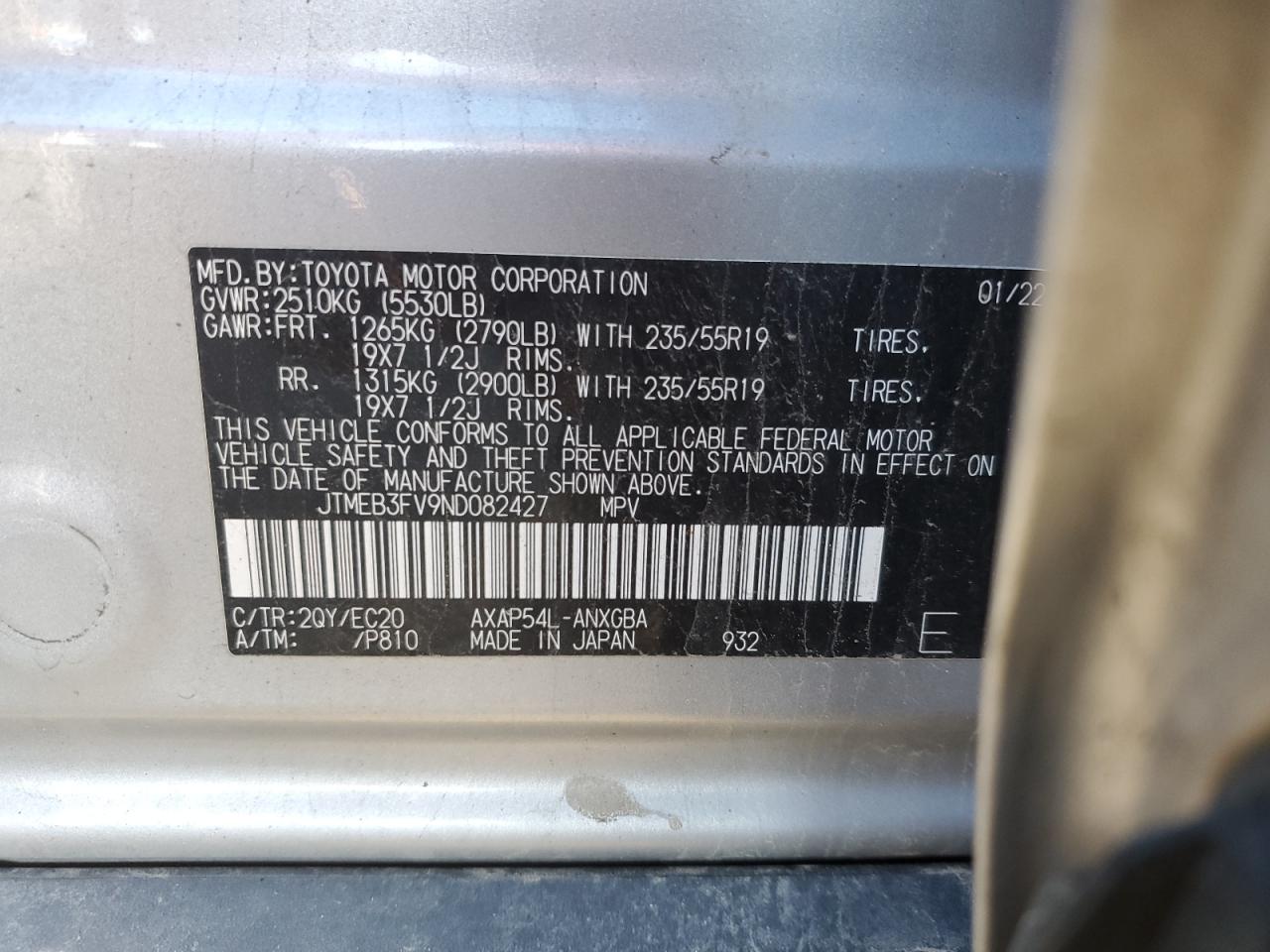 2022 TOYOTA RAV4 PRIME XSE VIN:JTMEB3FV9ND082427