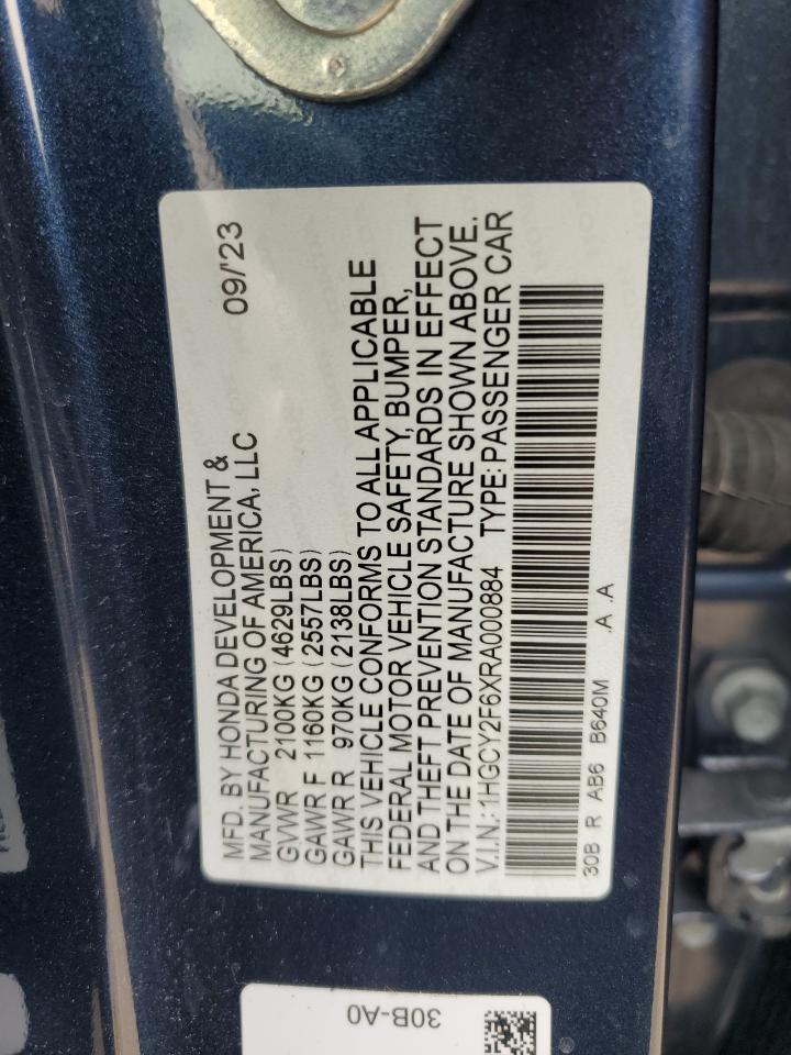 2024 HONDA ACCORD HYBRID EXL VIN:1HGCY2F6XRA000884