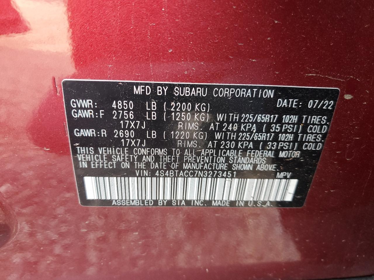 2022 SUBARU OUTBACK PREMIUM VIN:4S4BTACC7N3273451