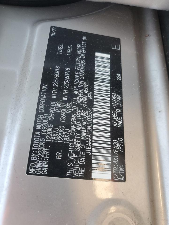 2022 TOYOTA VENZA LE VIN:JTEAAAAH2NJ103574