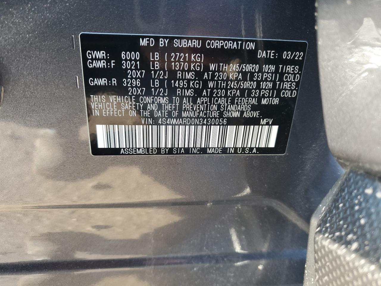 2022 SUBARU ASCENT TOURING VIN:4S4WMARD0N3430056