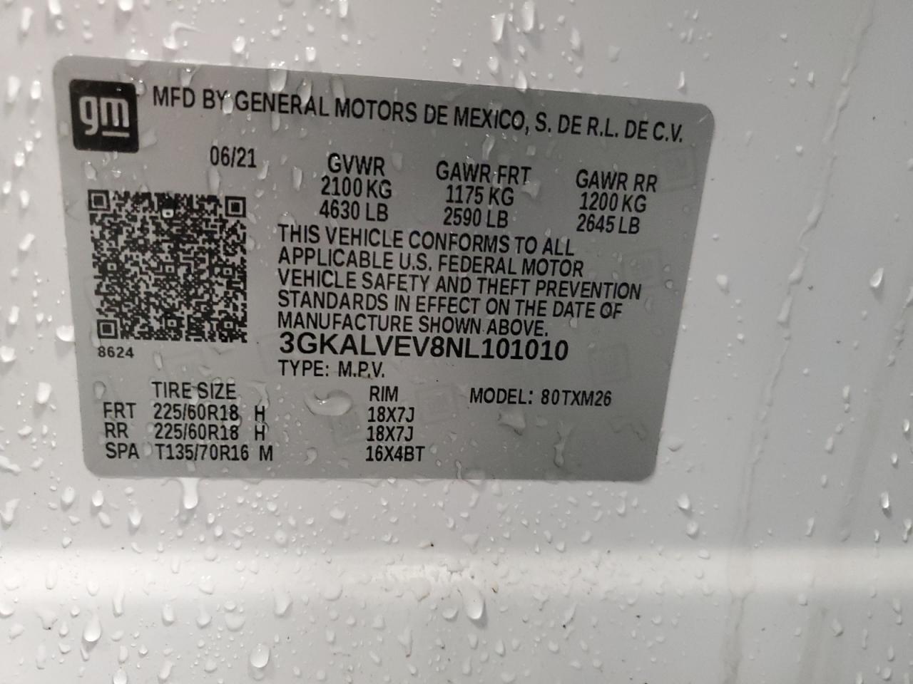 2022 GMC TERRAIN SLT VIN:3GKALVEV8NL101010