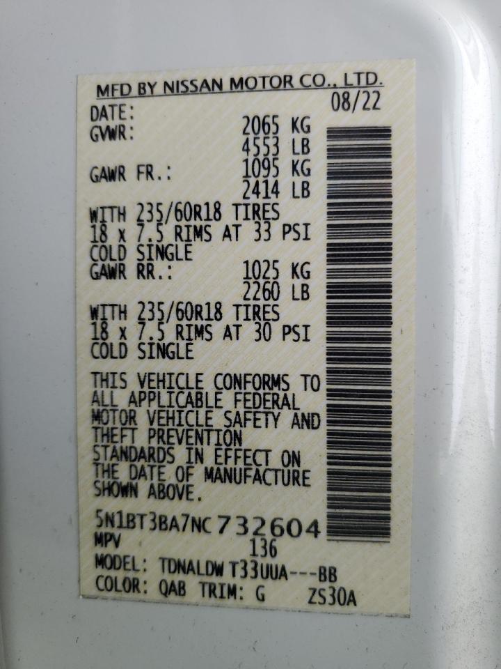 2022 NISSAN ROGUE SV VIN:5N1BT3BA7NC732604