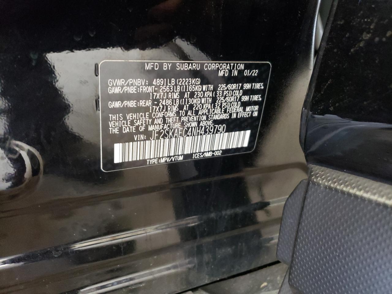 2022 SUBARU FORESTER PREMIUM VIN:JF2SKAEC4NH439790