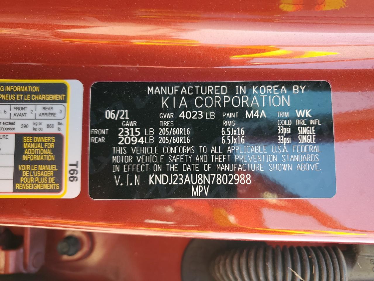 2022 KIA SOUL LX VIN:KNDJ23AU8N7802988