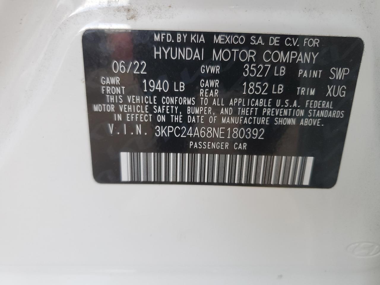 2022 HYUNDAI ACCENT SE VIN:3KPC24A68NE180392