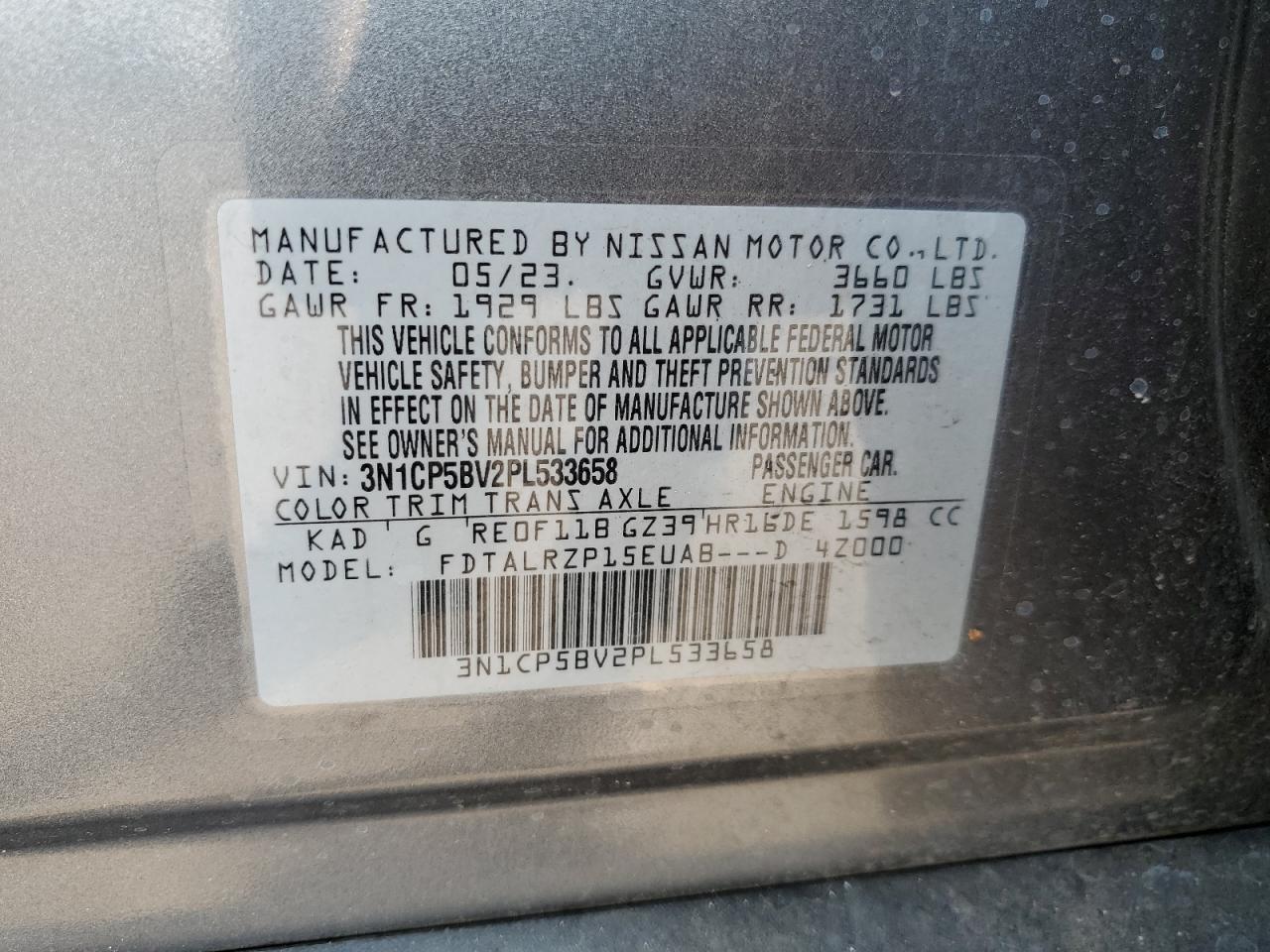 2023 NISSAN KICKS S VIN:3N1CP5BV2PL533658
