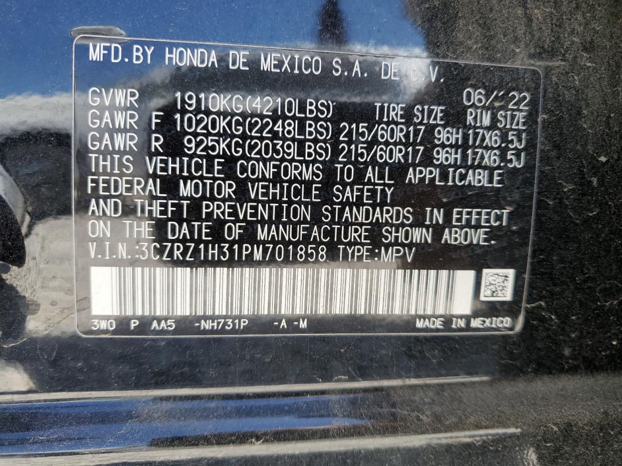 2023 HONDA HR-V LX VIN:3CZRZ1H31PM701858