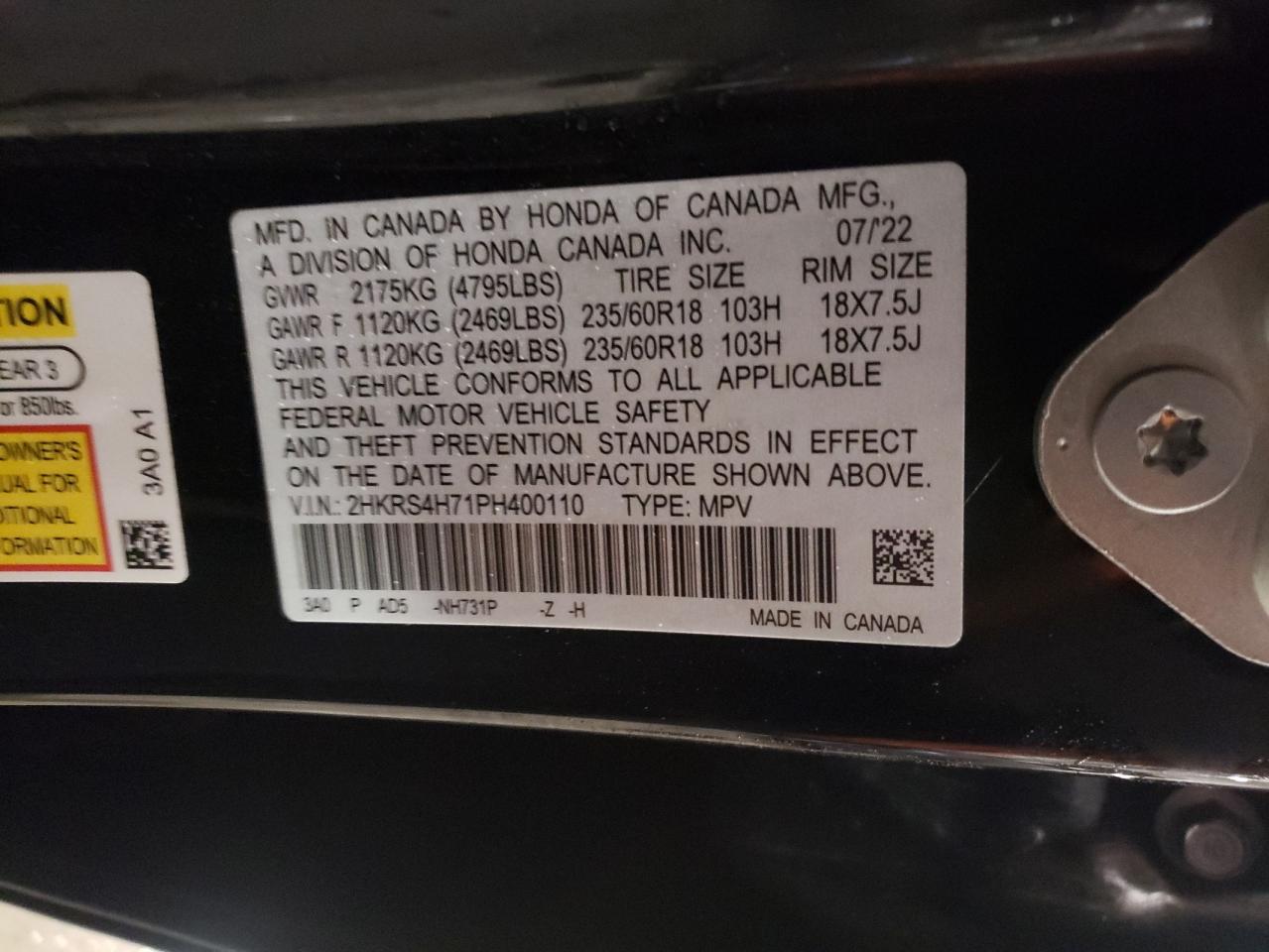 2023 HONDA CR-V EXL VIN:2HKRS4H71PH400110