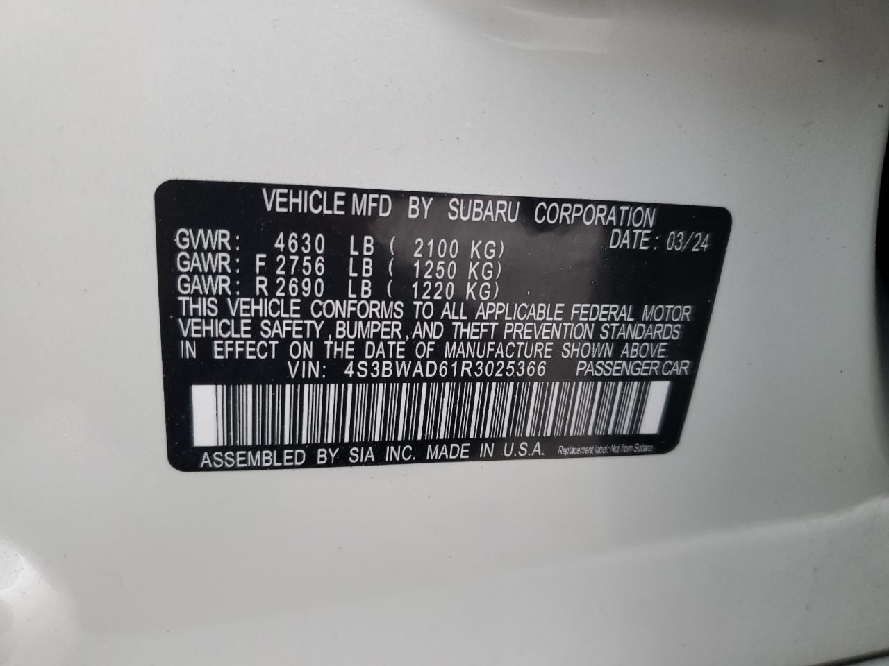 2024 SUBARU LEGACY PREMIUM VIN:1C4PJMAK5CW203003