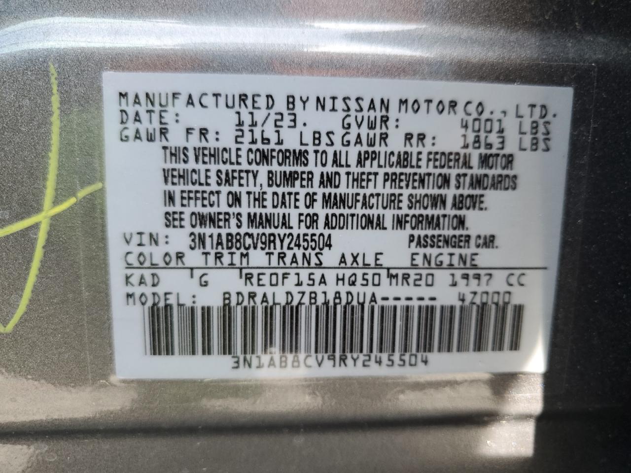 2024 NISSAN SENTRA SV VIN:3N1AB8CV9RY245504