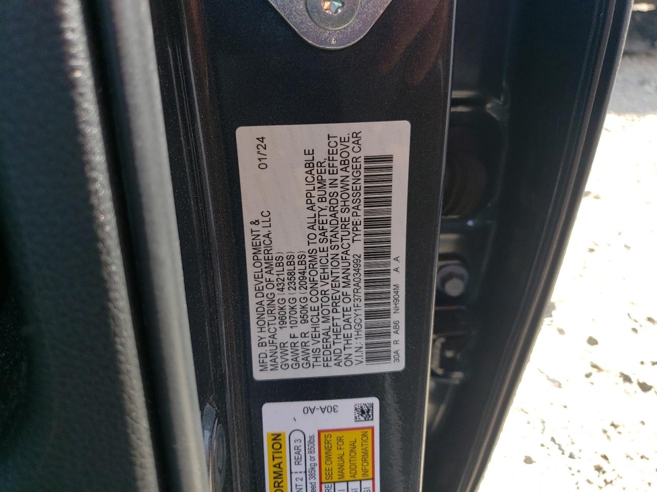 2024 HONDA ACCORD EX VIN:1HGCY1F37RA034992