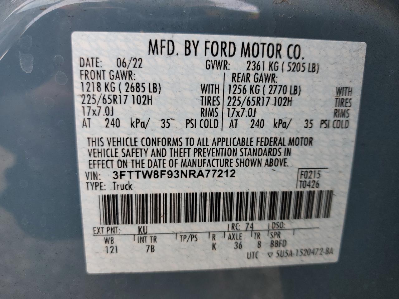 2022 FORD MAVERICK XL VIN:3FTTW8F93NRA77212