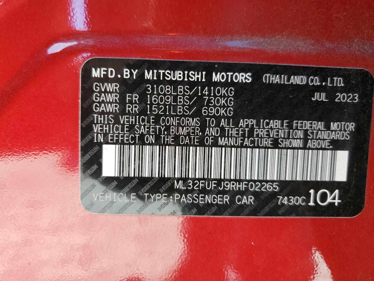 2024 MITSUBISHI MIRAGE G4 ES VIN:ML32FUFJ9RHF02265