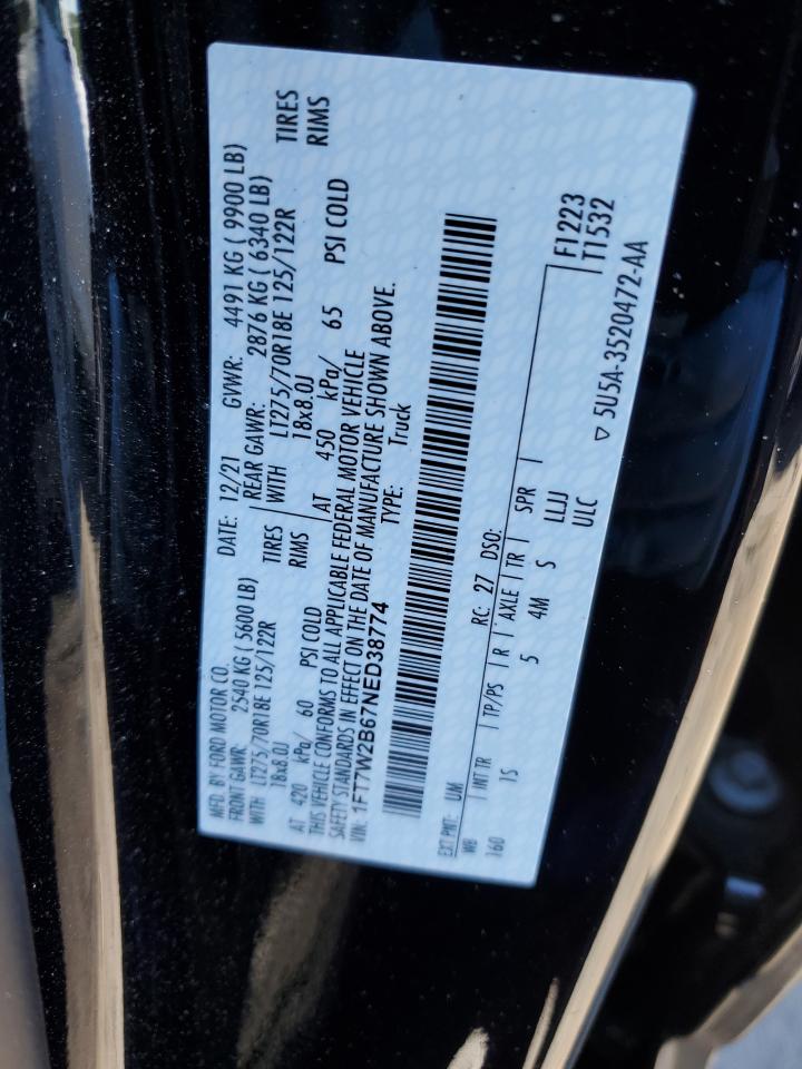 2022 FORD F250 SUPER DUTY VIN:1FT7W2B67NED38774