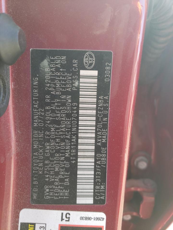 2022 TOYOTA CAMRY LE VIN:4T1R11AK1NU070449