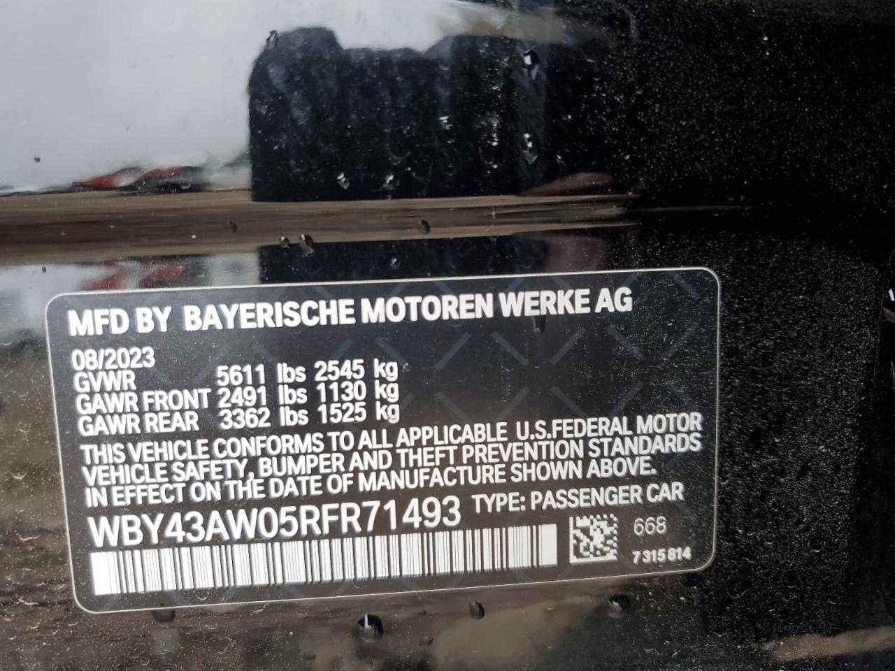 2024 BMW I4 EDRIVE 35 VIN:WBY43AW05RFR71493