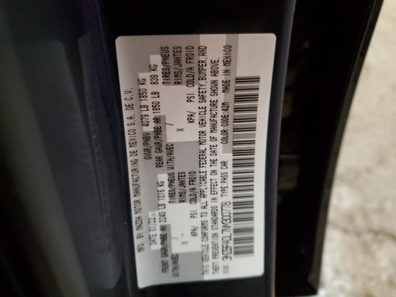 2022 MAZDA 3 PREMIUM VIN:3MZBPADL7NM300778