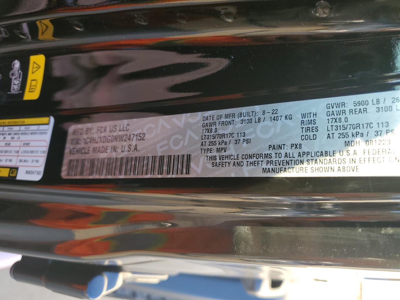 2022 JEEP WRANGLER UNLIMITED SPORT VIN:1C4HJXDG0NW247152