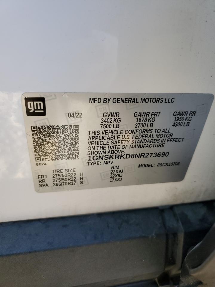 2022 CHEVROLET TAHOE K1500 RST VIN:1GNSKRKD8NR273690