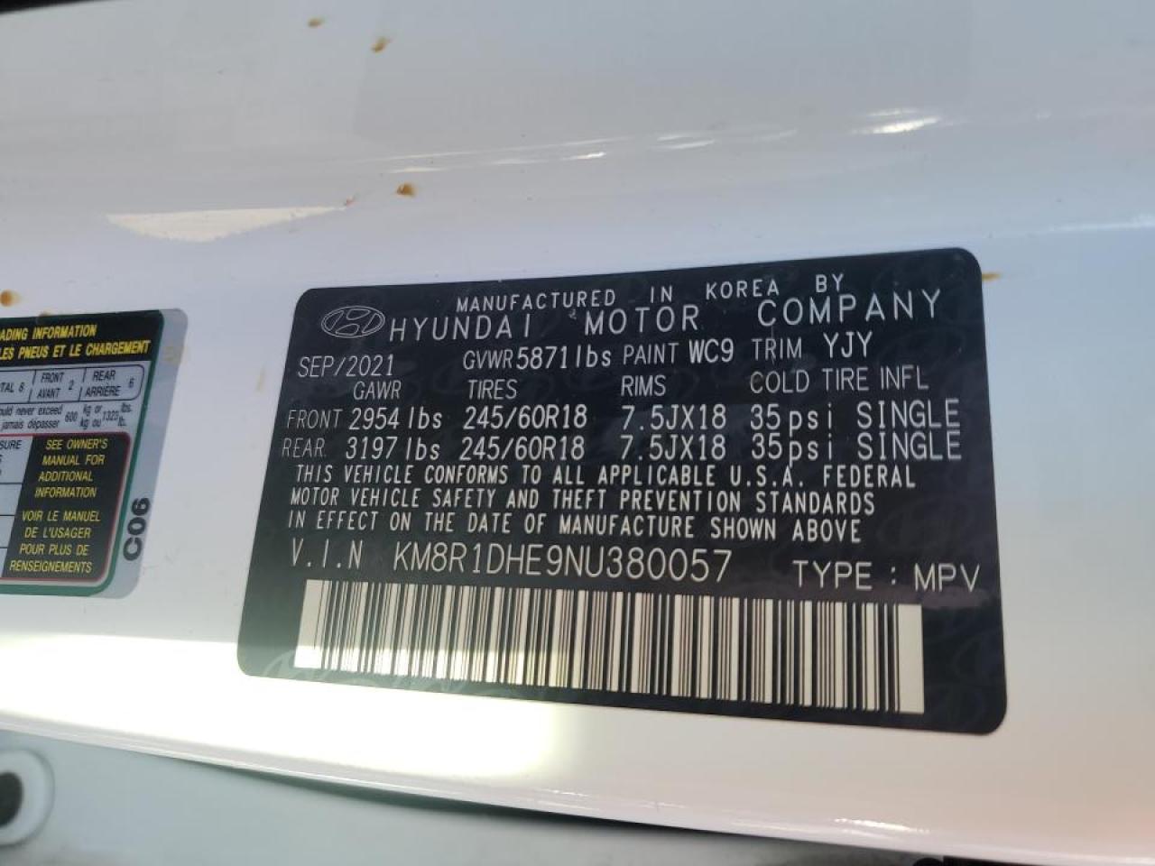 2022 HYUNDAI PALISADE SE VIN:KM8R1DHE9NU380057