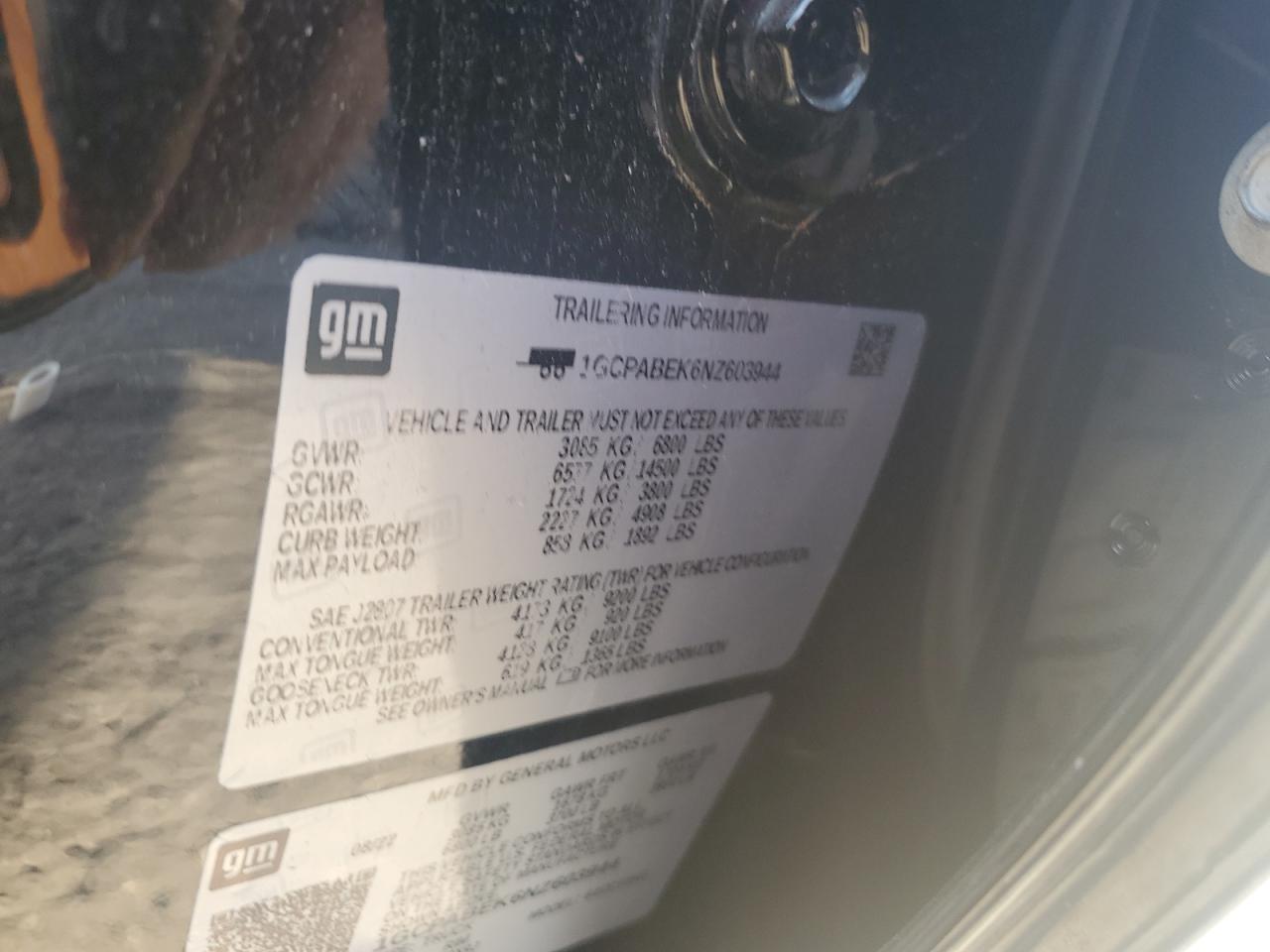 2022 CHEVROLET SILVERADO C1500 CUSTOM VIN:1GCPABEK6NZ603944