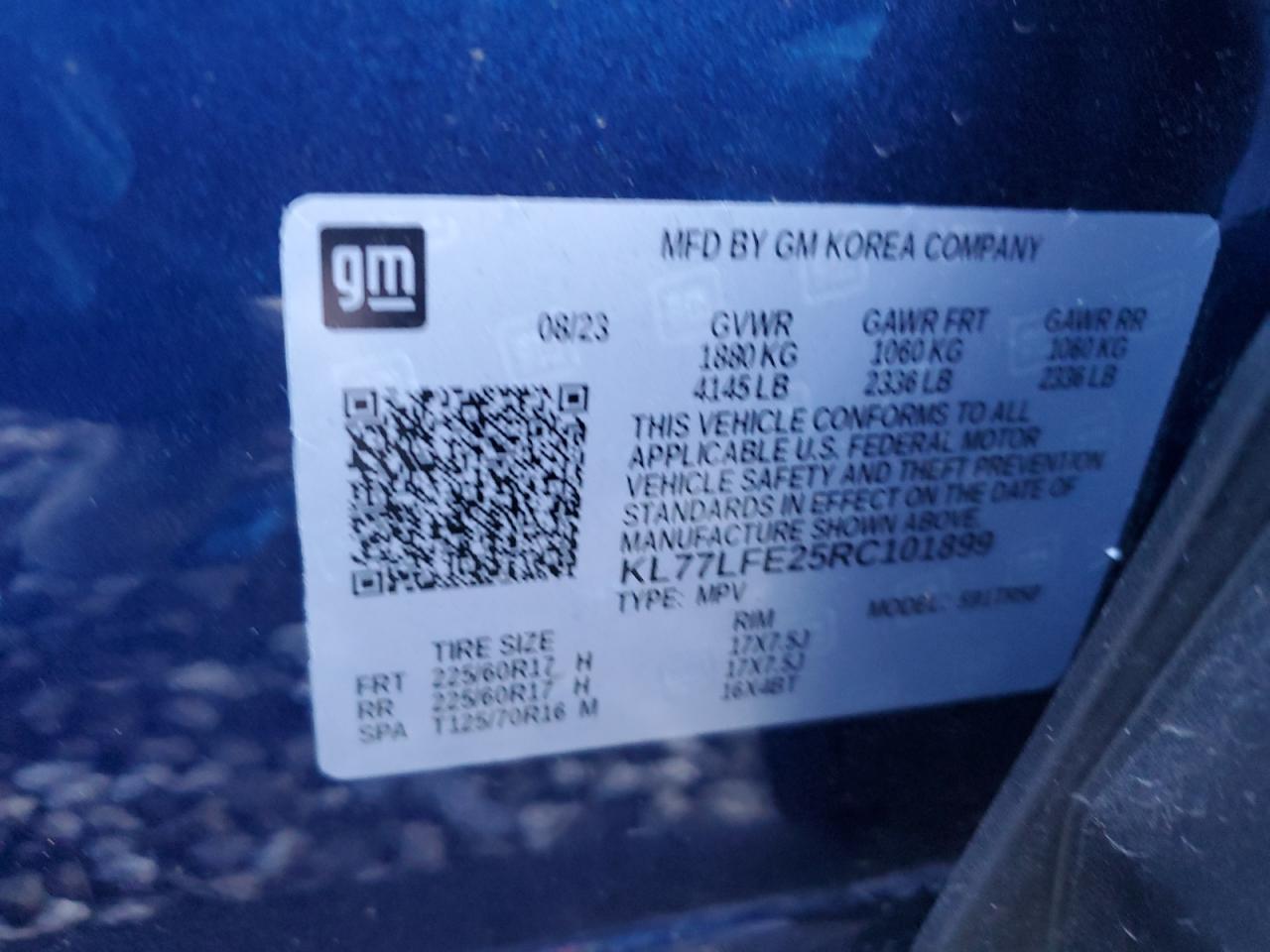 2024 CHEVROLET TRAX LS VIN:KL77LFE25RC101899