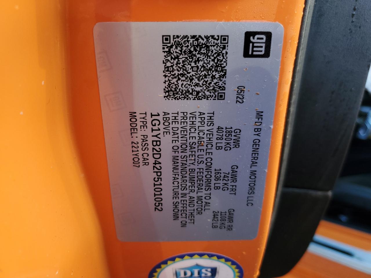 2023 CHEVROLET CORVETTE STINGRAY 2LT VIN:1G1YB2D42P5101052